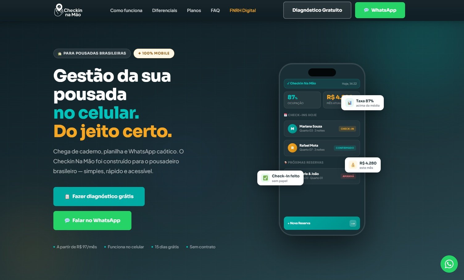Site do Checkin Na Mão, gestão de pousada no celular